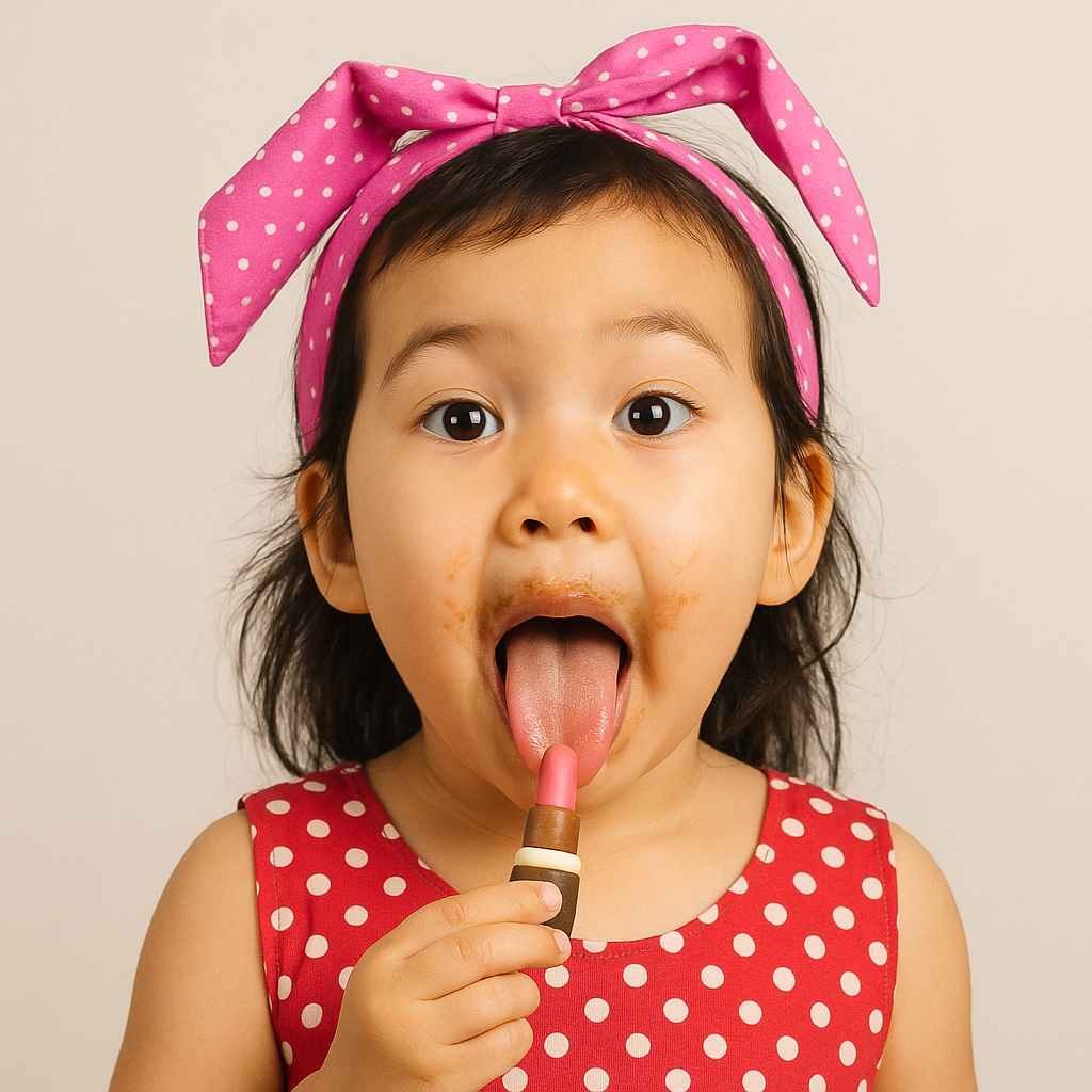 Fillette dégustant un rouge à lèvres en chocolat au lait, moment ludique et gourmand plein de fantaisie et de douceur.