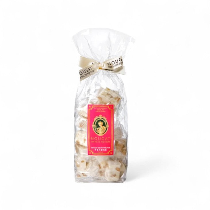 Sachet de nougat tendre de Montélimar Diane de Poytiers, nougats blancs au miel de Provence, amandes et pistaches, emballés individuellement en papillote.