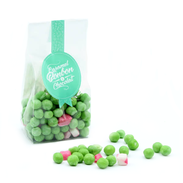 Sachet de bonbons Pois au lard, billes vertes à l’anis avec morceaux roses et blancs façon lardons.