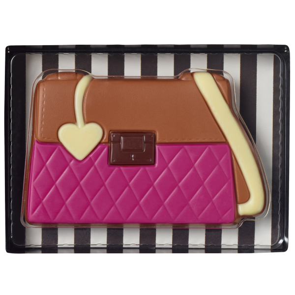 Coffret sac à main en chocolat décoré de 70g, moulage élégant avec bandoulière cœur, gourmandise chic et originale à offrir.