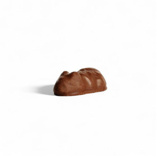 Bonbon Souris Caramel sur fond blanc, friandise au chocolat au lait avec un cœur tendre et sucré de caramel.