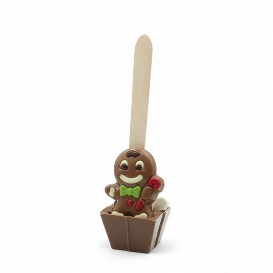 Cuillère à chocolat chaud Noël Bonhomme pain d’épices 55g, gourmandise festive au chocolat au lait décorée de guimauves fondantes.