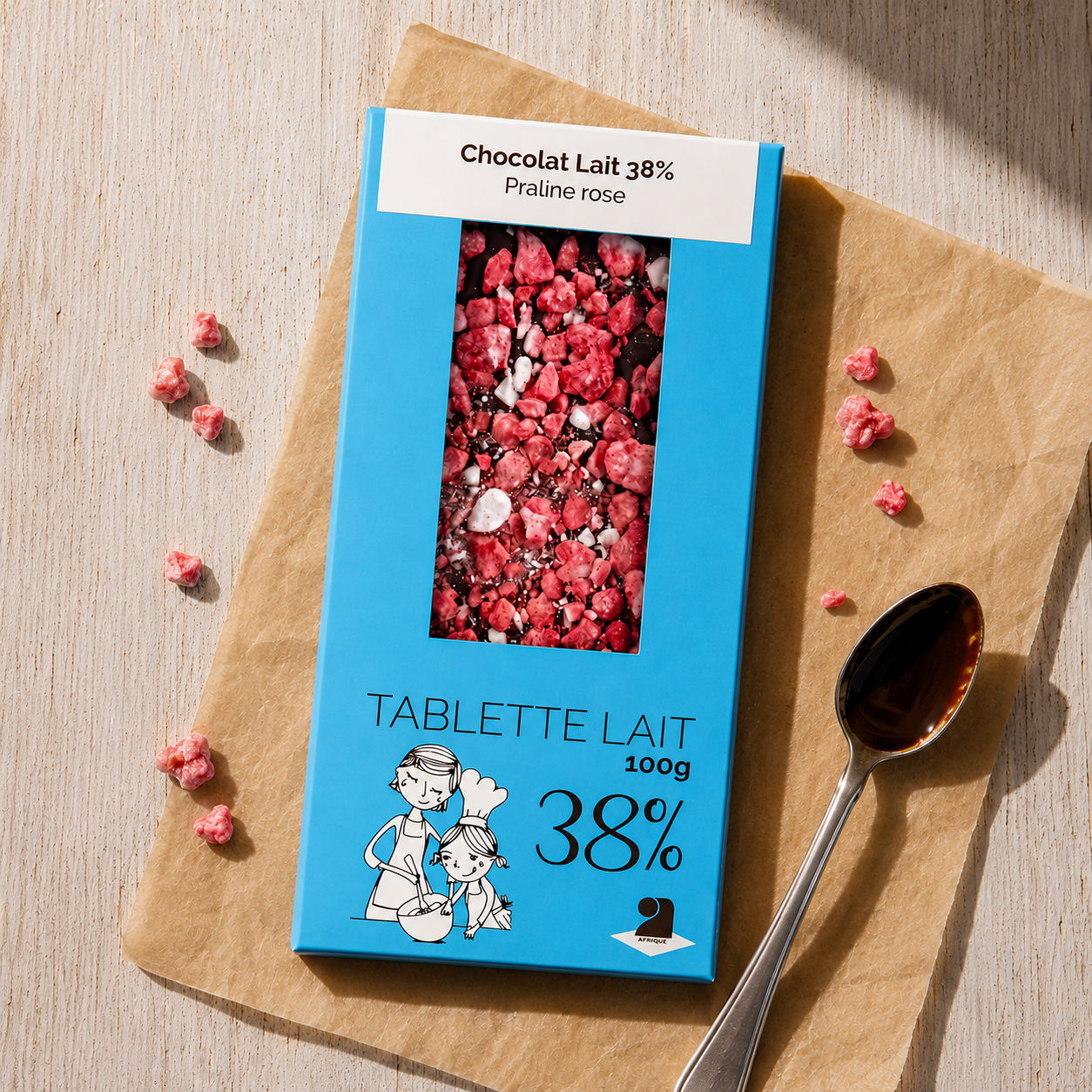 Tablette de chocolat lait 38% - Praline rose 100g