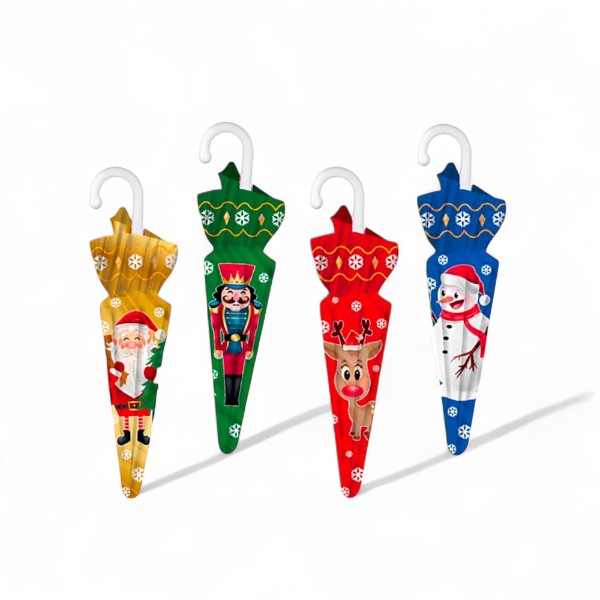 Présentation de quatre parapluies en chocolat de Noël colorés, parfaits pour offrir ou décorer une table de fête.