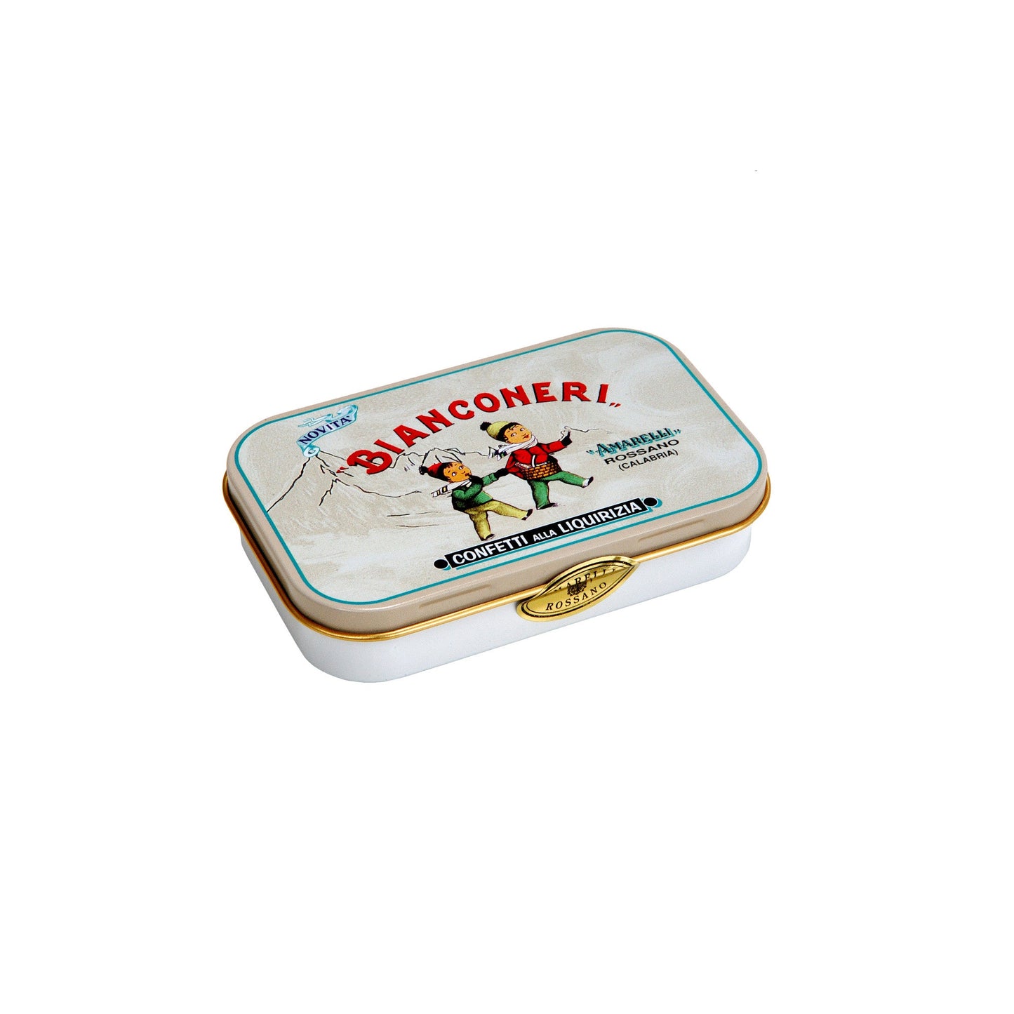 Boîte métallique fermée de réglisses Bianconeri – dragées de réglisse italienne à la menthe.