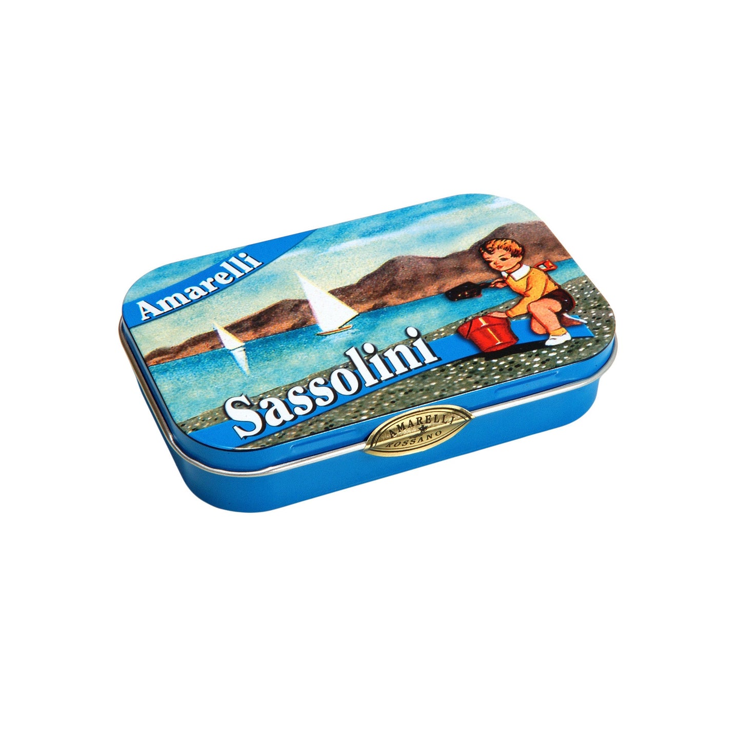 Boîte métallique de réglisses Sassolini fermée, contenant des dragées de réglisse italienne à l’anis enrobées de sucre.