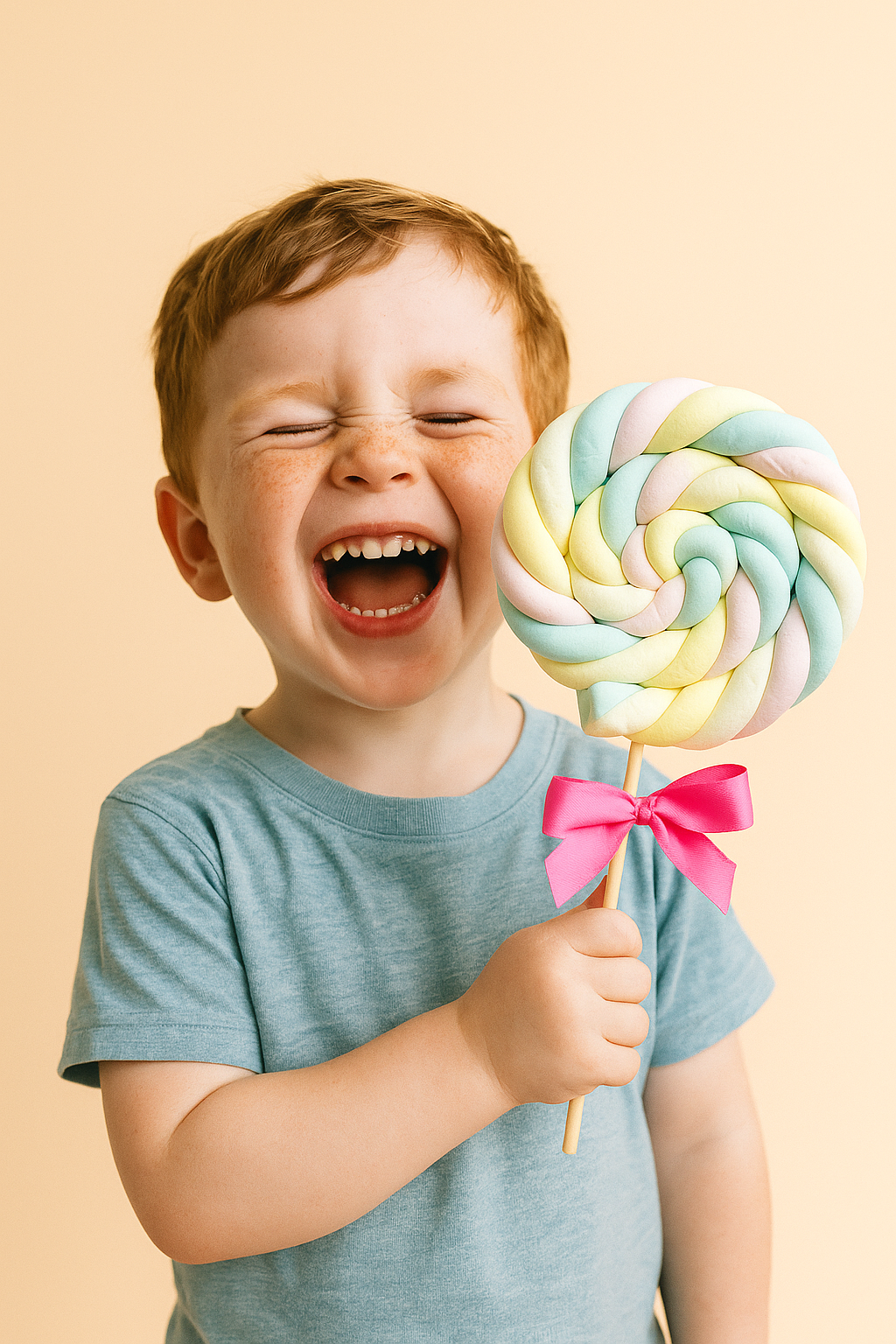 Enfant dégustant une brochette de guimauve “Torsade” – friandise torsadée à la vanille, douce et fondante.