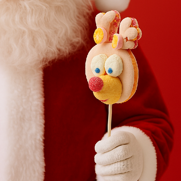 Père Noël tenant une brochette “Renne” 55g, confiserie fantaisie de Noël composée de guimauves moelleuses et de bonbons gélifiés.