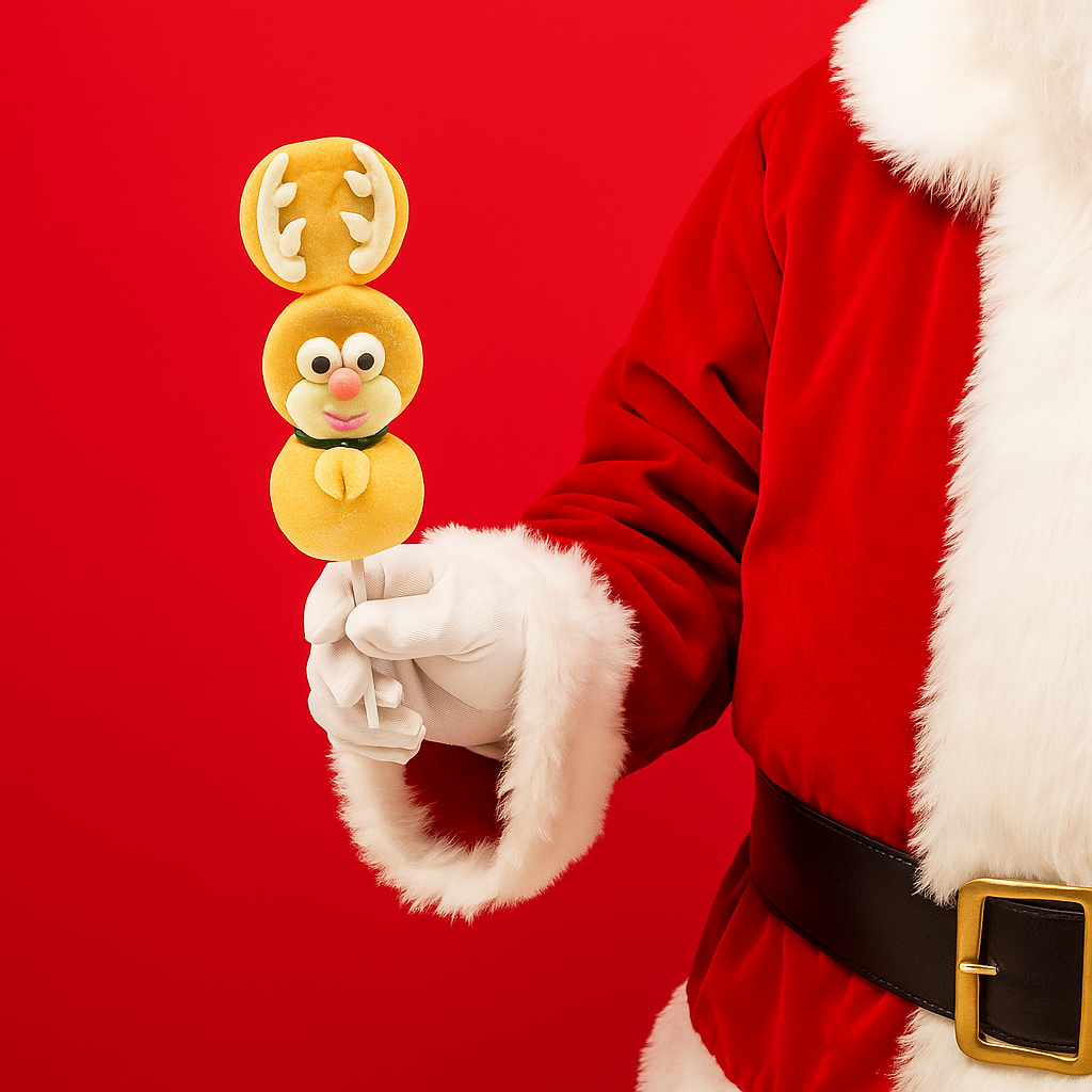 Père Noël tenant une brochette guimauve “Renne” 38g, confiserie de Noël festive décorée à la main au glaçage royal.