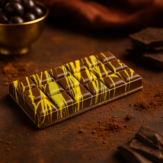 Tablette de chocolat au lait “Dubaï” sur fond marron – gourmandise au chocolat au lait, crème de pistache et kadaïf croquant.