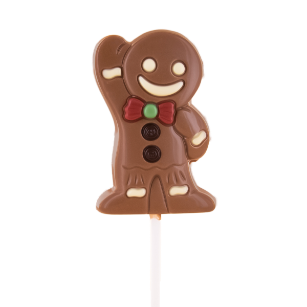 Sucette Lollipops en chocolat au lait en forme de bonhomme pain d’épices, douceur gourmande et festive de 25g.