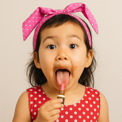 Fillette dégustant un rouge à lèvres en chocolat au lait, moment ludique et gourmand plein de fantaisie et de douceur.