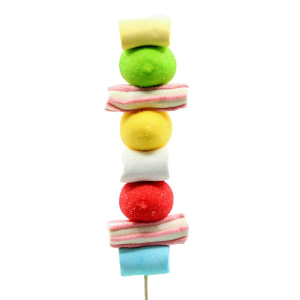 Brochette de guimauves colorées “Gourmande” – assortiment de guimauves roulées, striées et en forme de balle de golf.