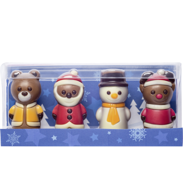 Mini coffret de moulages en chocolat 40g, assortiment de figurines de Noël en chocolat au lait et blanc, présentation gourmande et festive.