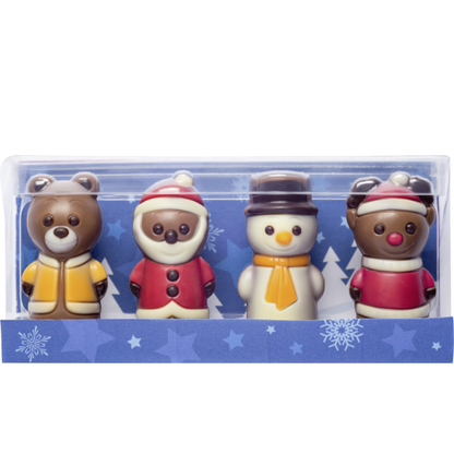 Mini coffret de moulages en chocolat 40g, assortiment de figurines de Noël en chocolat au lait et blanc, présentation gourmande et festive.