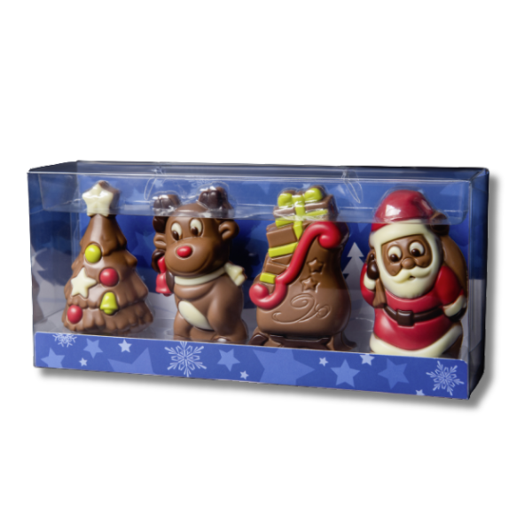 Coffret de moulages en chocolat Figurines de Noël 120g, assortiment en chocolat au lait et blanc avec Père Noël, Renne, Sapin et hotte de cadeaux.