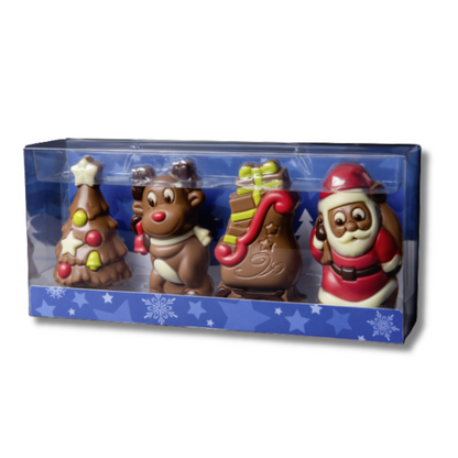 Coffret de moulages en chocolat Figurines de Noël 120g, assortiment en chocolat au lait et blanc avec Père Noël, Renne, Sapin et hotte de cadeaux.