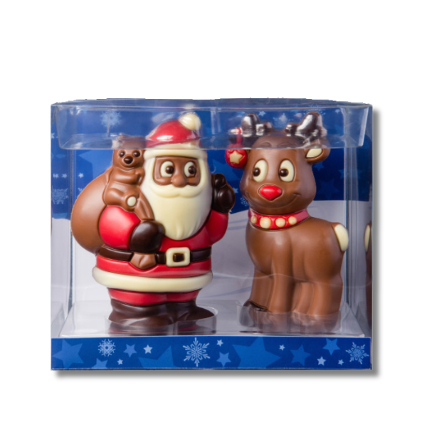 Coffret de moulages en chocolat 150g, duo Père Noël et Renne en chocolat au lait et blanc, cadeau gourmand et festif.
