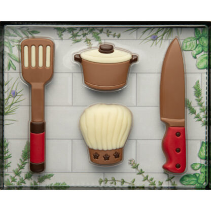 Coffret set de cuisine en chocolat au lait supérieur de 125g, assortiment gourmand d’ustensiles en chocolat fondant.