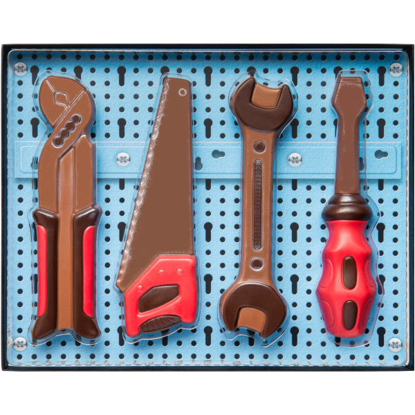 Coffret d’outils en chocolat au lait supérieur de 150g, assortiment gourmand avec scie, clé, tournevis et pince multiprise.