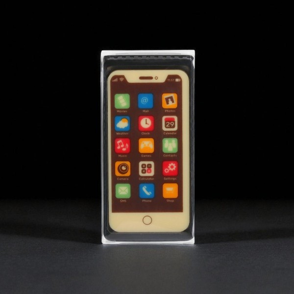 Smartphone en chocolat au lait présenté sur fond noir, création originale mêlant humour et élégance chocolatée.