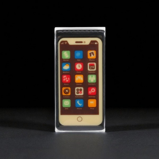 Smartphone en chocolat au lait présenté sur fond noir, création originale mêlant humour et élégance chocolatée.