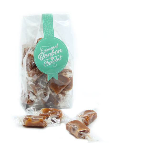 Sachet de caramels tendres au beurre salé, bonbons emballés individuellement en papillote pour une dégustation gourmande et pratique.