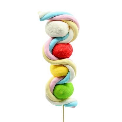 Brochette de guimauves colorées “Vague” – guimauves tressées et en forme de balle de golf, friandise moelleuse et gourmande.