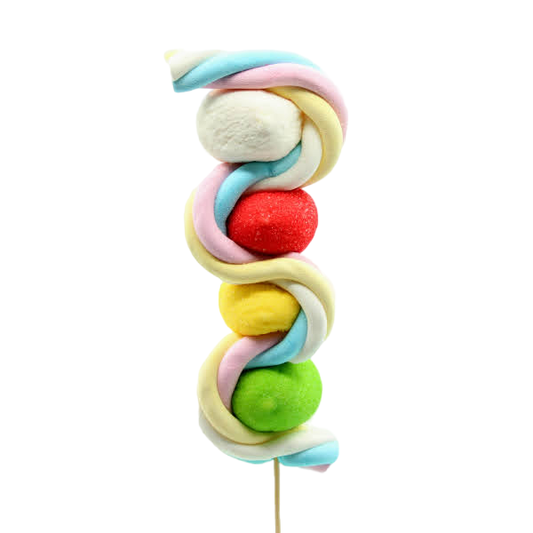 Brochette de guimauves colorées “Vague” – guimauves tressées et en forme de balle de golf, friandise moelleuse et gourmande.