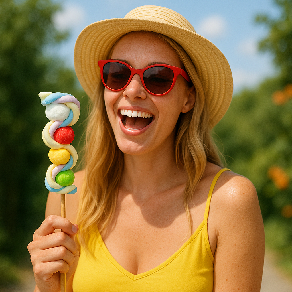 Femme dégustant une brochette de guimauves colorées “Vague” – confiserie festive aux textures moelleuses et fondantes.