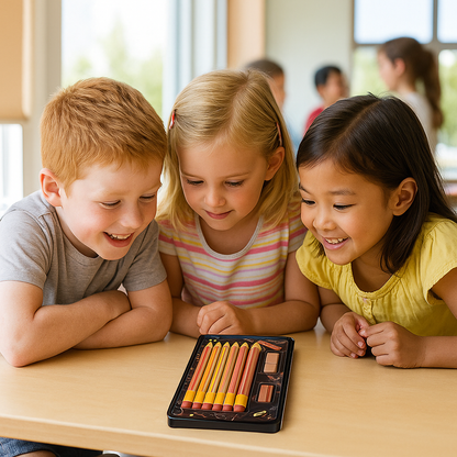 Enfant jouant avec un set de coloriage en chocolat au lait, moment ludique et gourmand mêlant imagination et douceur chocolatée.