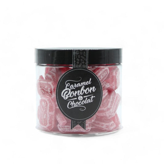Pot de bonbons en sucre cuit au coquelicot, confiseries rouges à l’arôme naturel de fleur de coquelicot.