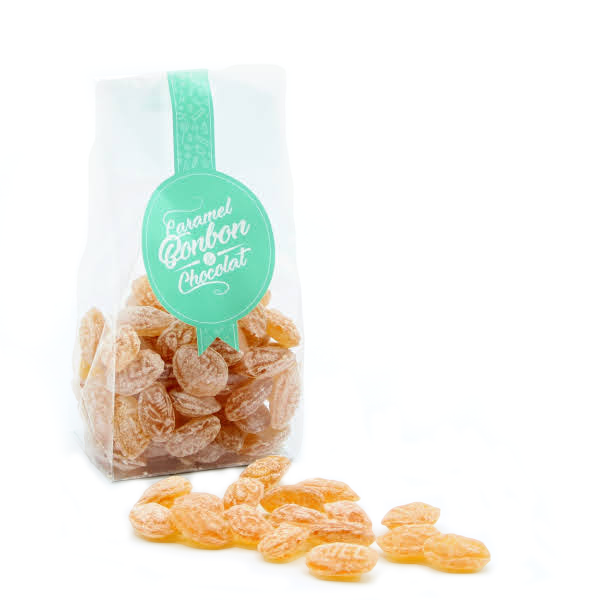 Sachet de bonbons au miel, pastilles en sucre cuit fourrées d’un cœur fondant de miel liquide naturel.