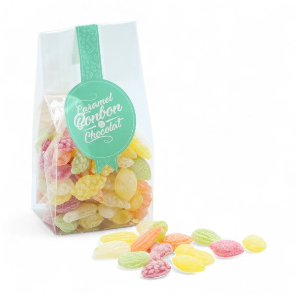 Sachet de bonbons Salade de fruits, assortiment de bonbons givrés en sucre cuit aux saveurs citron, fraise, framboise, orange et abricot.