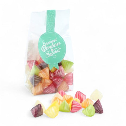 Sachet de bonbons Berlingots aux couleurs variées, confiseries traditionnelles en sucre cuit aux saveurs fruitées.