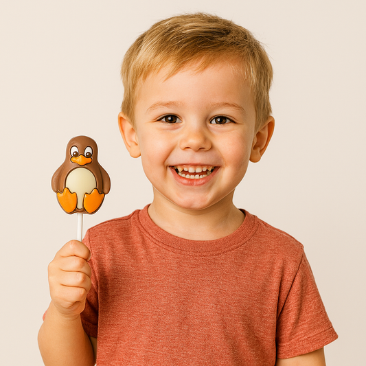 Petit garçon tenant une sucette Pingouin en chocolat au lait, moment gourmand et joyeux plein de douceur.