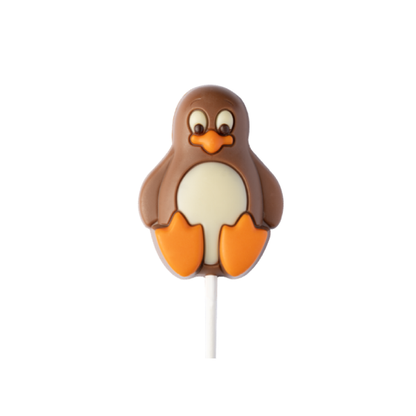 Sucette Pingouin en chocolat au lait et blanc de 35g, gourmandise amusante et fondante pour petits et grands.