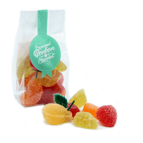 Sachet de pâtes de fruits Luxe, assortiment raffiné de confiseries fruitées aux saveurs d’orange, raisin, framboise, poire et fraise.