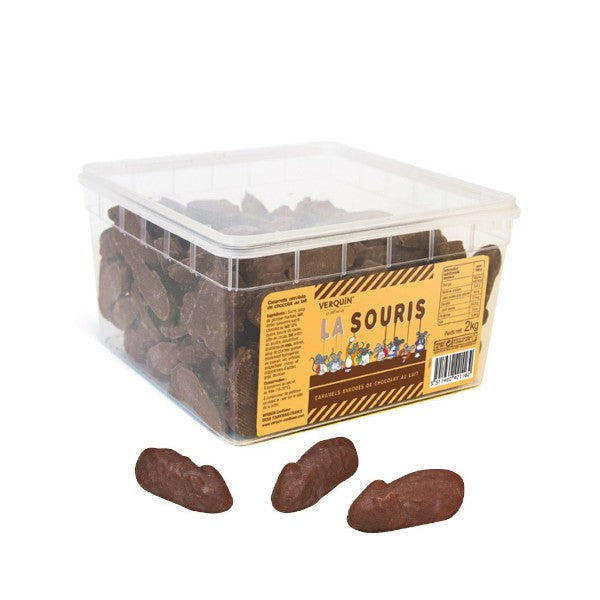 Boîte de Souris caramel en vrac 2kg, bonbons au chocolat au lait fourrés au caramel fondant.