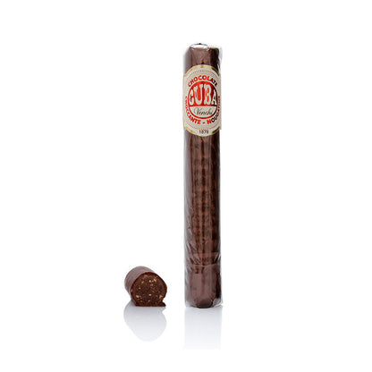 Cigare italien en chocolat Nougatine de 100g, cœur truffé au Gianduja et éclats de caramel, gourmandise raffinée et croquante.