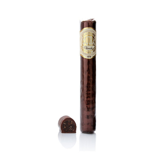 Cigare italien en chocolat noir 56 %, gourmandise de 100g fourrée de pâte de noisettes du Piémont IGP et de chocolat fondant.
