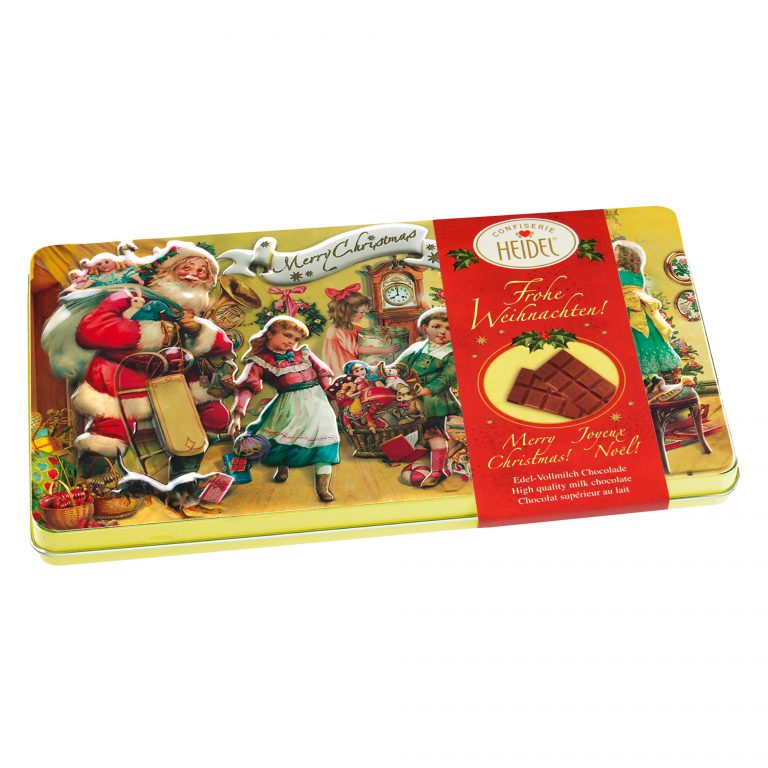 Boîte décorative “Nostalgie” de Noël 120g, coffret en métal élégant contenant de délicieuses tablettes de chocolat au lait supérieur.