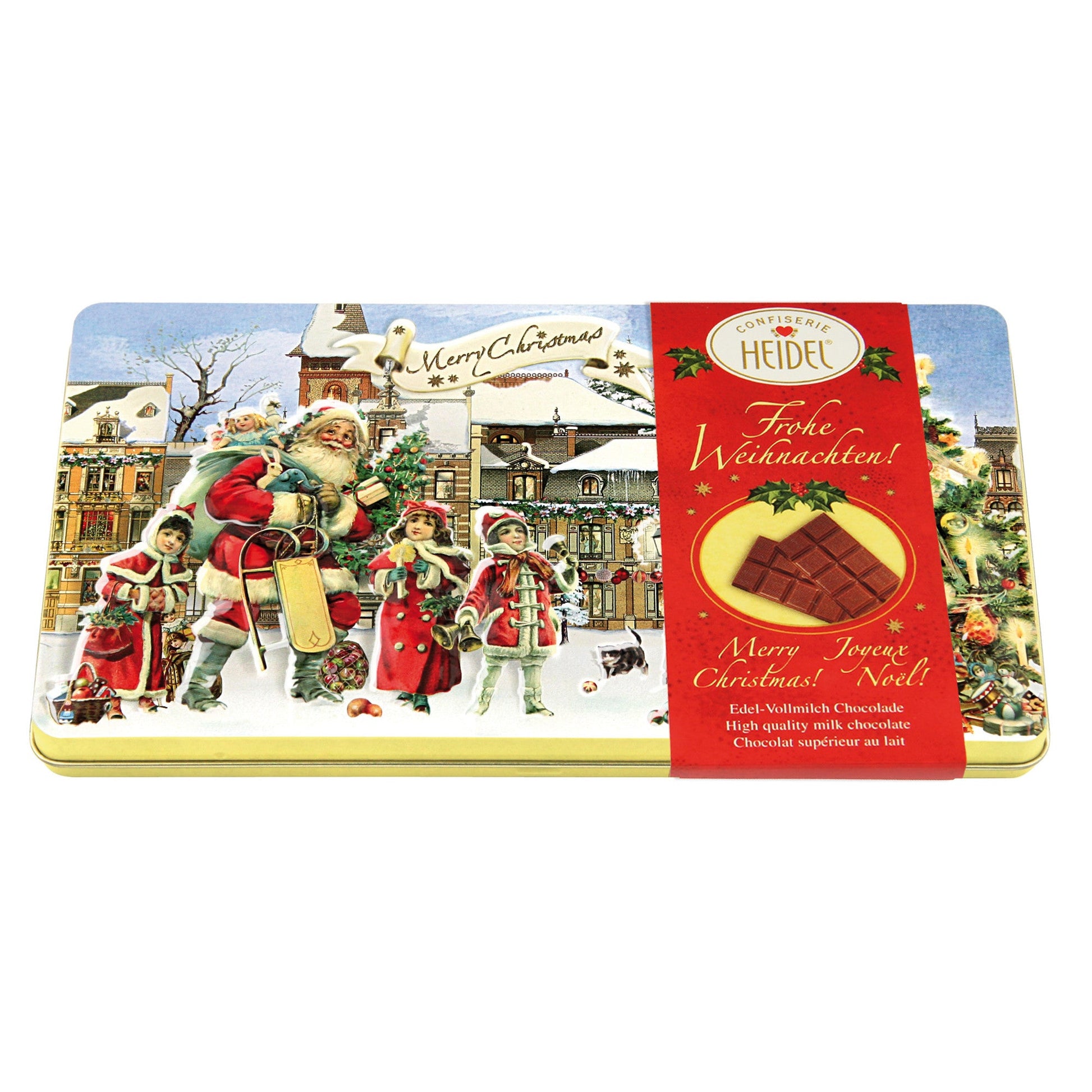 Boîte décorative “Nostalgie” de Noël 120g fermée, coffret en métal au design rétro renfermant quatre tablettes de chocolat au lait.
