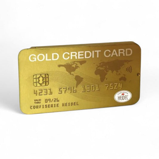 Boîte au design carte bancaire gold, contenant des mini tablettes de chocolat au lait, idée cadeau élégante et ludique.
