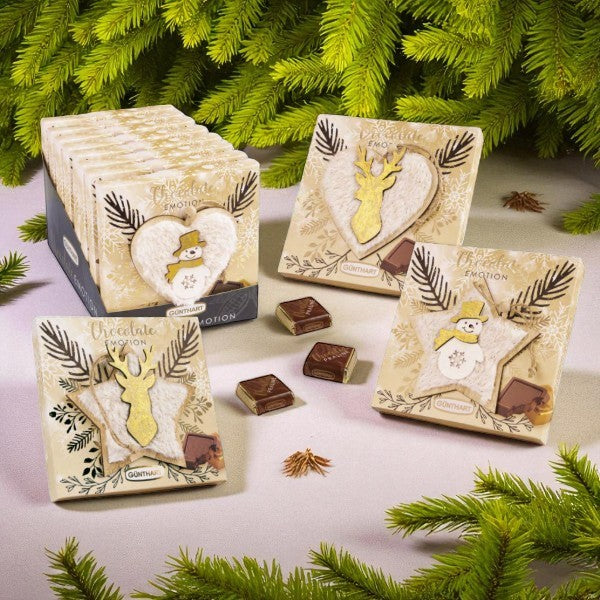 Étui garni de chocolats pralinés suspendu dans un sapin de Noël, décoration en bois festive et gourmande.