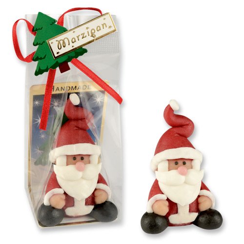 Pâte d’amande Père Noël présentée en sachet, décorée en sucre pour un petit cadeau de table festif et gourmand.