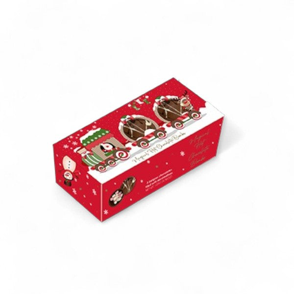 Coffret de 3 boules magiques à chocolat chaud 45g vu de dessus, chocolat à faire fondre avec guimauves fondantes, cadeau gourmand de Noël.