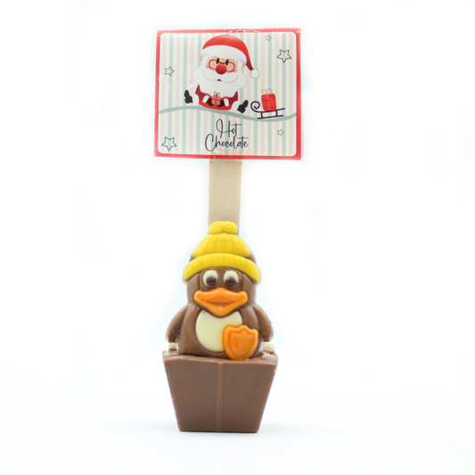 Cuillère à chocolat chaud Noël décor Pingouin 55g, cœur de chocolat au lait avec mini guimauves à faire fondre dans du lait chaud.