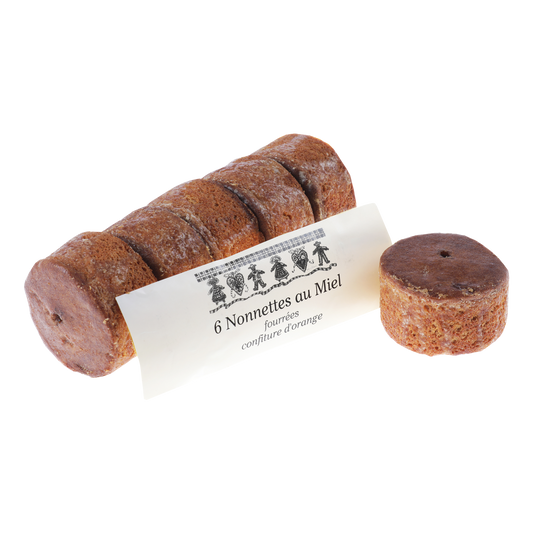 Nonnettes au miel fourrées à l’orange, pains d’épices moelleux garnis de confiture d’orange, douceur gourmande et traditionnelle.