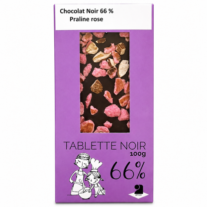 Tablette de chocolat noir 66% - Praline rose 100g